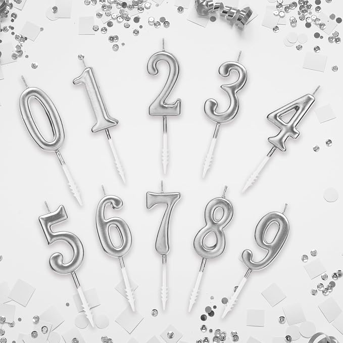 Beanlieve 10-Pieces Numeral Birthday Candles - Cake Numeral Candles Number 0-9 Glitter Cake Topper Decoration for Birthday,Wedding Anniversary,Party Celebration (Silver)