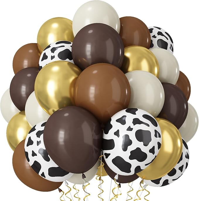 Brown Cow Balloons, 60Pcs 12 Inch Cow Print Coffee White Metallic Gold Latex Balloon, Tan Nude Neutral Beige Helium Balloons for Farm Western Theme Cowboys Cowgirls Birthdays Baby Shower Party Decor