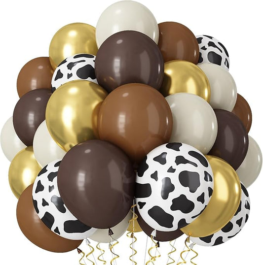 Brown Cow Balloons, 60Pcs 12 Inch Cow Print Coffee White Metallic Gold Latex Balloon, Tan Nude Neutral Beige Helium Balloons for Farm Western Theme Cowboys Cowgirls Birthdays Baby Shower Party Decor