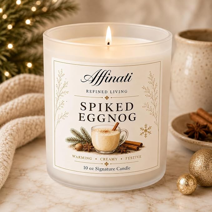 Affinati Spiked Eggnog 10 oz Scented Candle – Long Lasting Holiday Soy Blend Candle for Home, Strong Scent Throw Warm Spiced Cream Gourmand Candle, Premium Clean Burning Festive Gift