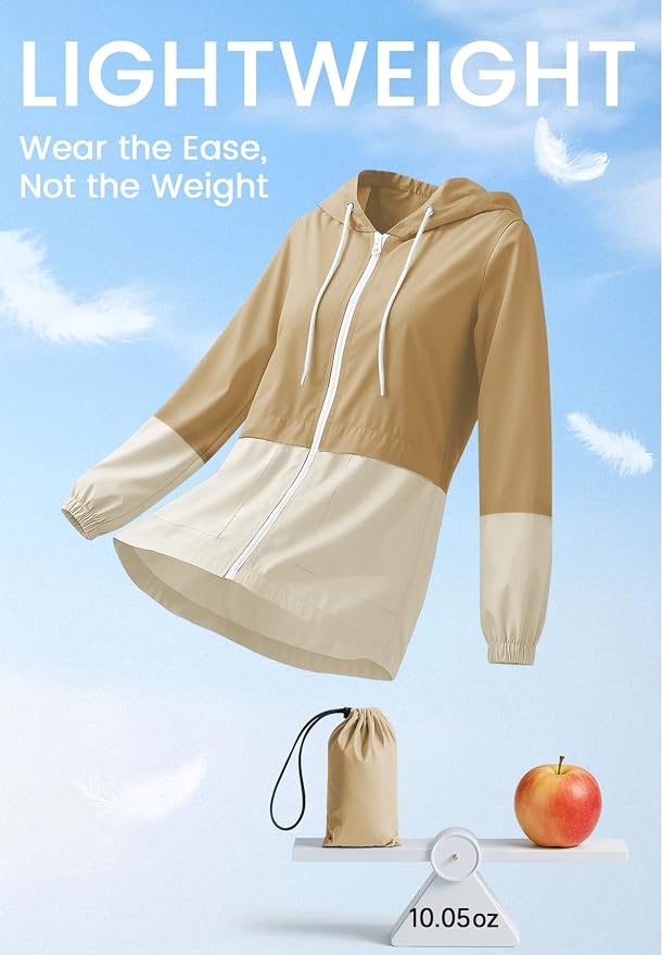 Zando Lightweight Rain Jacket Women Packable Waterproof Raincoat with Hood | Windbreaker Jacket Women, Light Raincoats for Drizzle, Rain Coats for Travel, Hiking and Commute