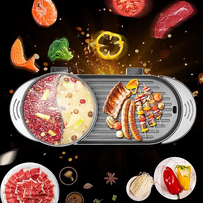 2 In 1 Hot Pot Barbecue Grill, Korean Hot Pot BBQ Grill with 2 Controller & Lid, Non Stick Barbecue Hot Pot for Indoor & Outdoor, 110V 2200W Electric Hotpot with Multistage Temp Adjustable