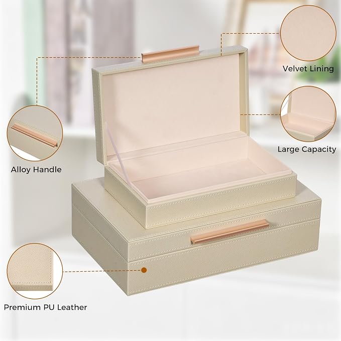 Decorative Box, Decorative Boxes with Lids 2-Set, Memory Box for Keepsakes | Beautiful PU Leather Decorative Storage Boxes in Style, Decor Box with Rose Metal Handle, Store Photos, Documents Beige