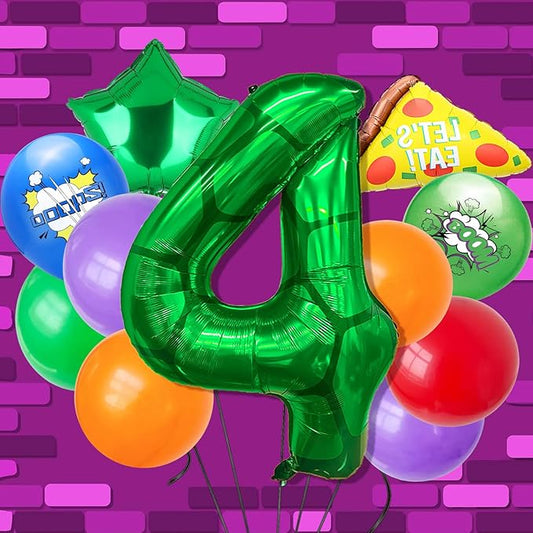 11Pcs Cartoon Turtle Theme Birthday Decorations 40 Inch Number 4 Foil Balloons Super Green Turtle Themed Hero Large Mylar 4th Number Balloon Video Game Pizza Balloons Party Favors Red