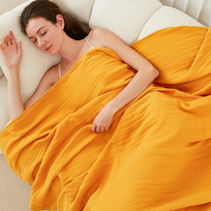EMME Muslin Blankets for Adults Throw Blanket for Couch Breathable Gauze Soft Lightweight Airy Mustard Yellow Throw XL 50" x 71"