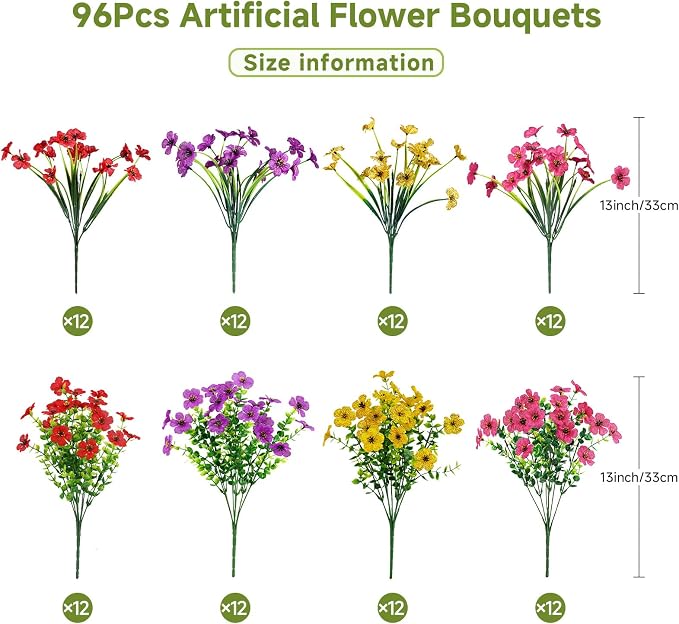 Alupssuc 96 Bundles Artificial Flowers for Outdoors Decoration, UV Resistant Silk Faux Daisy Flora Spring Fake Plastic Plants Greenery for Outside Indoor Yard Home Porch Window Box Decor, Mix 4 Colors