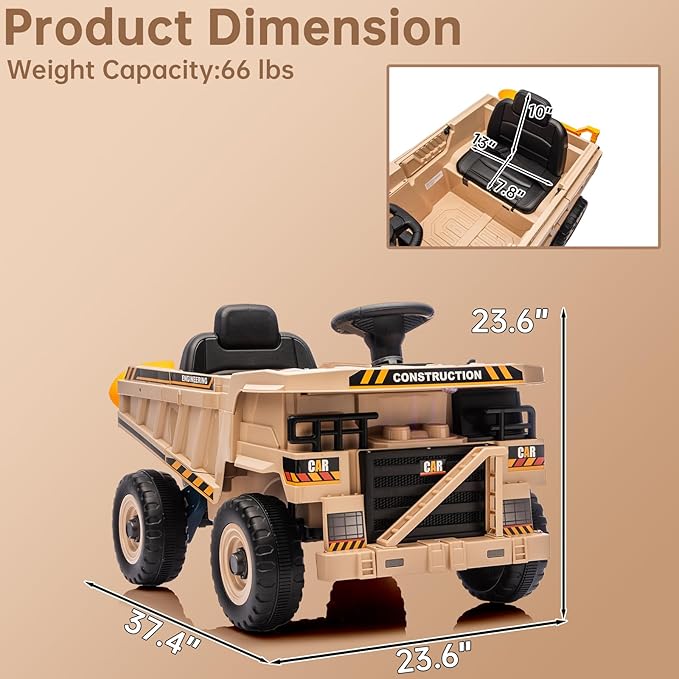 POSTACK 12V Ride On Construction Truck,Battery Powered Ride On Car with Remote Control, Kids Electric Vehicle with Shovel, Bluetooth, Music, Speaker, Boys Girls Gift, Khaki
