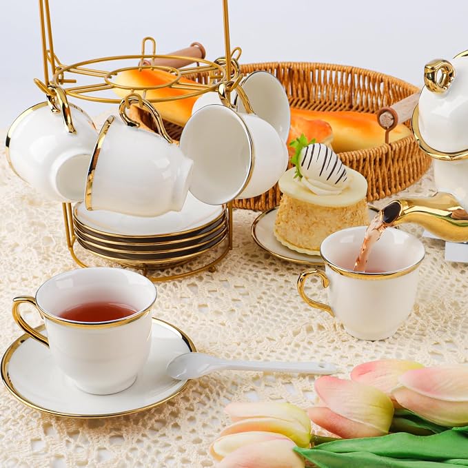 20 Pcs Porcelain Tea Set with Metal Holder, European Ceramic Tea Set for Adults, Coffee Tea Gift Sets, French Tea Cup Saucer Set for Party With Gold Trim (French White)