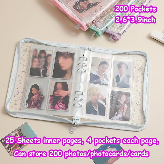 Kpop Photocard Binder A5 Kpop Photocard Holder Book with 50pc Holographic Photocard Sleeves&10 Korean Stickers, 6 Ring A5 Binder Photocard Album 25 Inner Pages with 200 Pockets