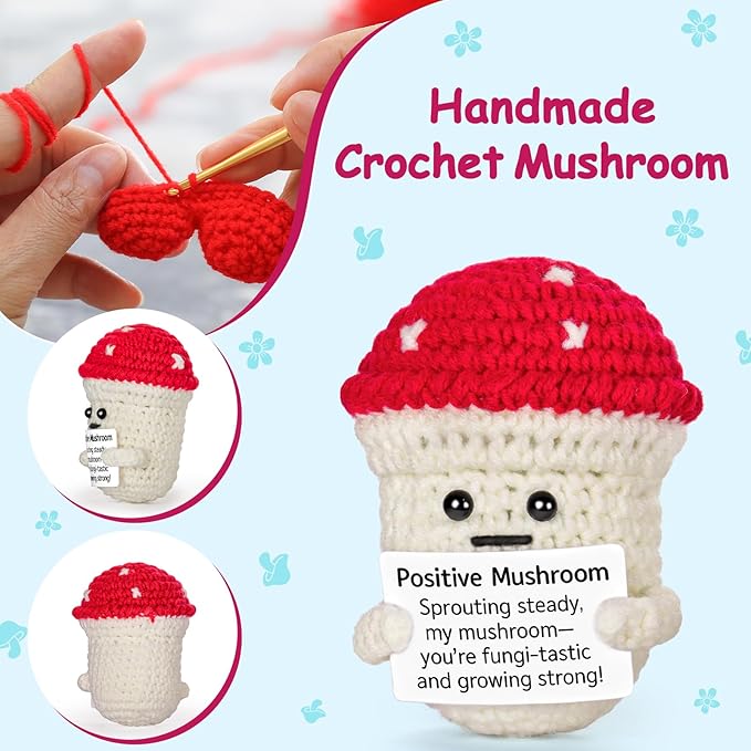 Emotional Support Crochet, Positive Crochet Mushroom, Encouragement Gifts for Women Men Birthday Christmas Self Care Friends Coworkers Relaxation Gift Desk Home Fall Decor Inspirational Support