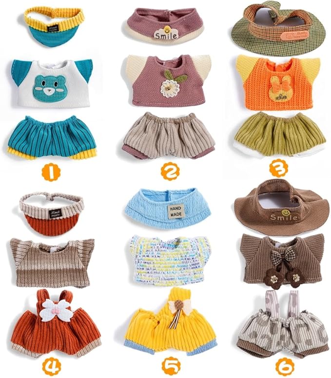 ebuddy 6 Pack Doll Clothes Set for 17cm Plush Dolls - Charming Outfit Set Adorable Doll Clothing Collection (No Doll No Glasses)
