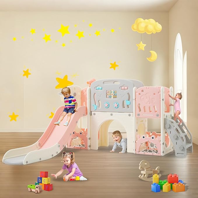 11in 1 Toddler Slide, Kid Slide for Toddlers Age 1-3 with Telescope, Basketball Hoop, and Telescope, Indoor Outdoor Playset Playground Pink Bei'ge
