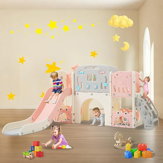 11in 1 Toddler Slide, Kid Slide for Toddlers Age 1-3 with Telescope, Basketball Hoop, and Telescope, Indoor Outdoor Playset Playground Pink Bei'ge