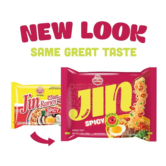 OTOKI Jin Ramen Spicy Korean Instant Ramen, 13-Hour Simmered Beef Bone Broth, Bold Spicy Flavor, Ready in 4 Minutes, 4.23 oz (Pack of 18)