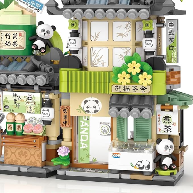 City Tea House Building Blocks Set, Openable Panda Construction Tea Shop Building Toys for Boys Girls Age 8+, 860pcs Mini Bricks