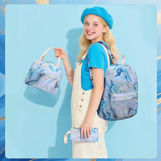 Bluboon Teen Girls School Backpack Kids Bookbag Set with Lunch Box Pencil Case Travel Laptop Backpack Casual Daypacks (Blue-white)