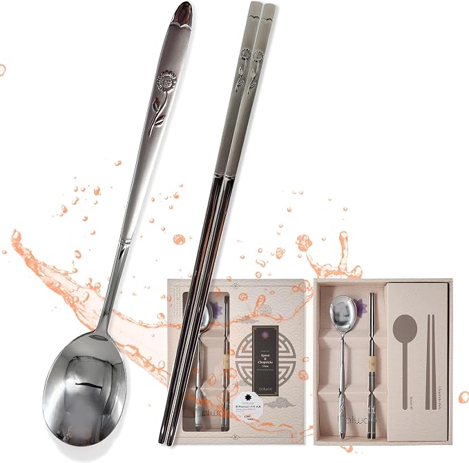 [5 Sets][Made in Korea] Sticky Korean Style Rice Spoon Chopsticks Set 430 Stainless Steel Soup Spoon Ramen Noodle Chopsticks Flatware (Sunflower)
