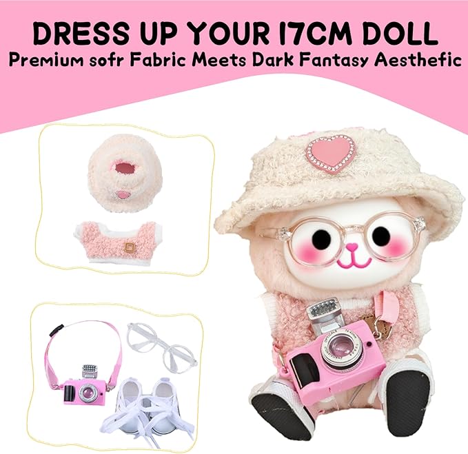 5 Set 17cm Doll Clothes -Clothes for Dolls Outfit - Accessories for 17cm Dolls Clothes +Light Pink Heart-Shaped Velvet hat + Small Camera + Glasses + Canvas Shoes, No Doll Included (Style B)