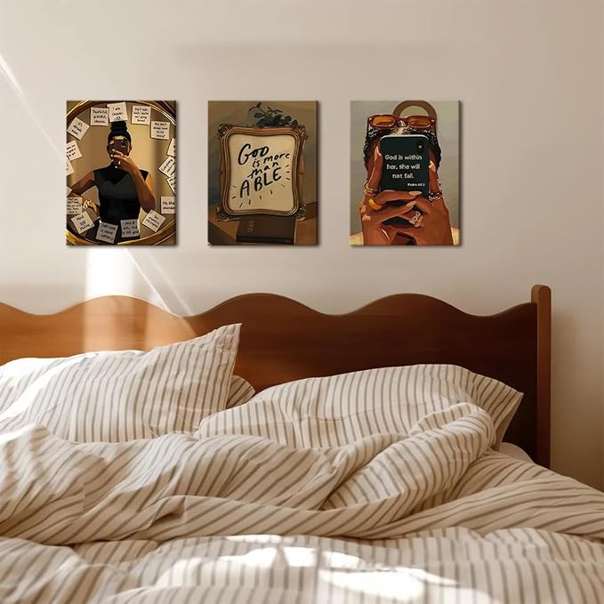 Framed Black Girl Wall Art Set of 3, Fashion Inspirational Black Woman Wall Decor Paintings, African American Positive Affirmations Pictures Canvas Prints for Living Room Bedroom Office 12x16 inch