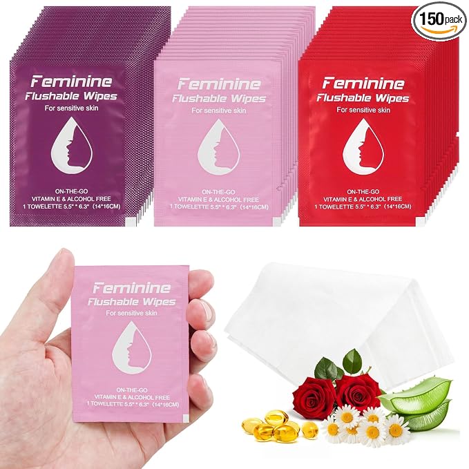 twoworld 150 Feminine Wipes Flushable Travel Individually Wrapped | Travel Wipes for Women,Feminine Care Wet Wipes Travel Size Vaginal Wipes for Adult,Girl and Homeless(Chamomile,Rose,Unscent)