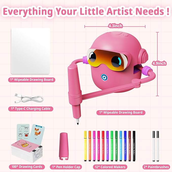 Smart Drawing Robot for Kids with 100 Cards & 12 Color Pens, Voice Interactive Educational Painting Machine, Montessori Learning Toy, Magic Drawing Robot, Ideal Gift for Boys and Girls Ages 3+ (Pink)