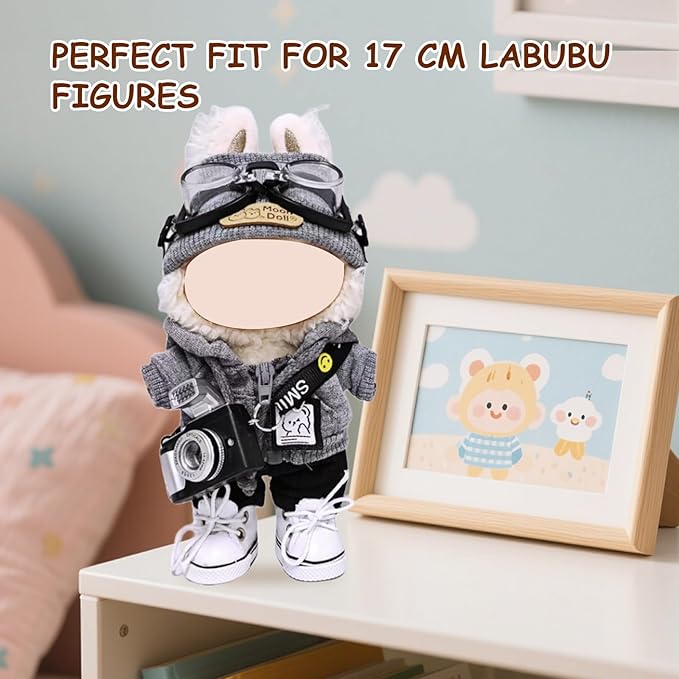 17cm Doll Clothes Set (6-Pcs Outfit), Stylish Clothing for Bunny Doll with Top, Pants, Shoes & Accessories, Just Clothes
