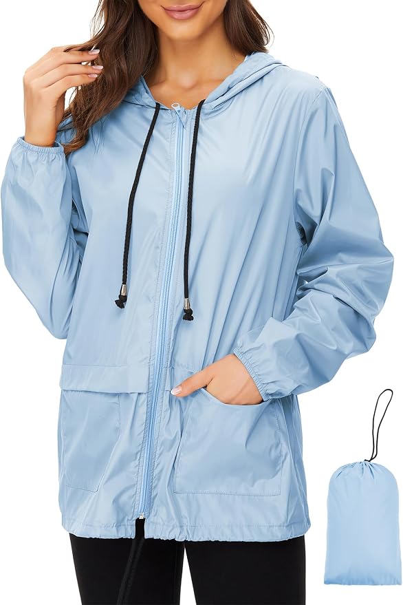 Zando Lightweight Rain Jacket Women Packable Waterproof Raincoat with Hood | Windbreaker Jacket Women, Light Raincoats for Drizzle, Rain Coats for Travel, Hiking and Commute