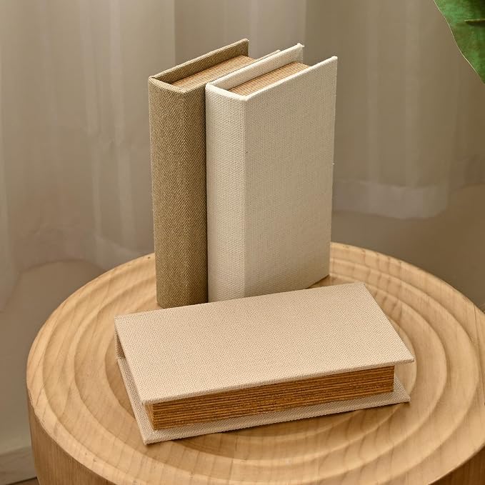 DECOR4SEASON Modern Linen and Wood Decorative Faux Book Boxes Set of 3, 12",Taupe,Beige,Off White
