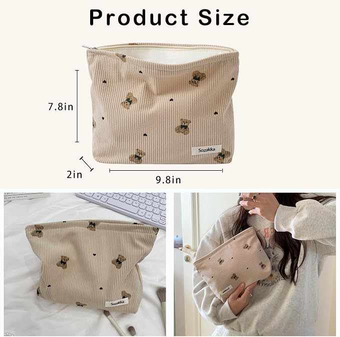uekeboag 2Pcs Cute Small Soft Corduroy Zipper Makeup Bag for Purse, Coquette Aesthetic Pouch with Bear Pattern for Women Girls, Kawaii Travel Cosmetic Bags（Taupe Set）