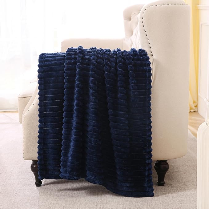Navy Blue Fleece Throw Blanket 60”×80” for Couch Sofa Livingroom | Super Soft Cozy Plush Microfiber Flannel Bed Blanket Striped Design Lightweight Home Decor Gifts for Adults Mom Women