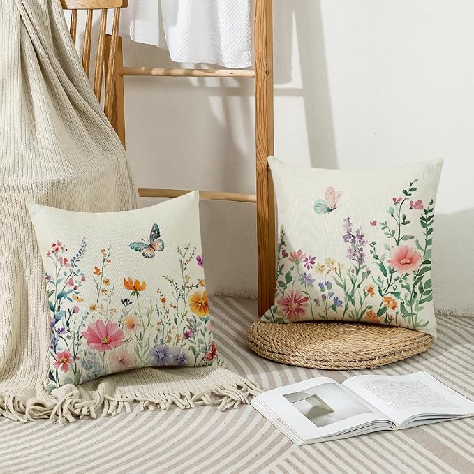 wyooxoo Spring Pillow Covers 20x20 Set of 4 Summer Farmhouse Throw Pillow Covers Floral Butterfly Decorative Cushion Cases for Sofa Couch Patio Bedroom