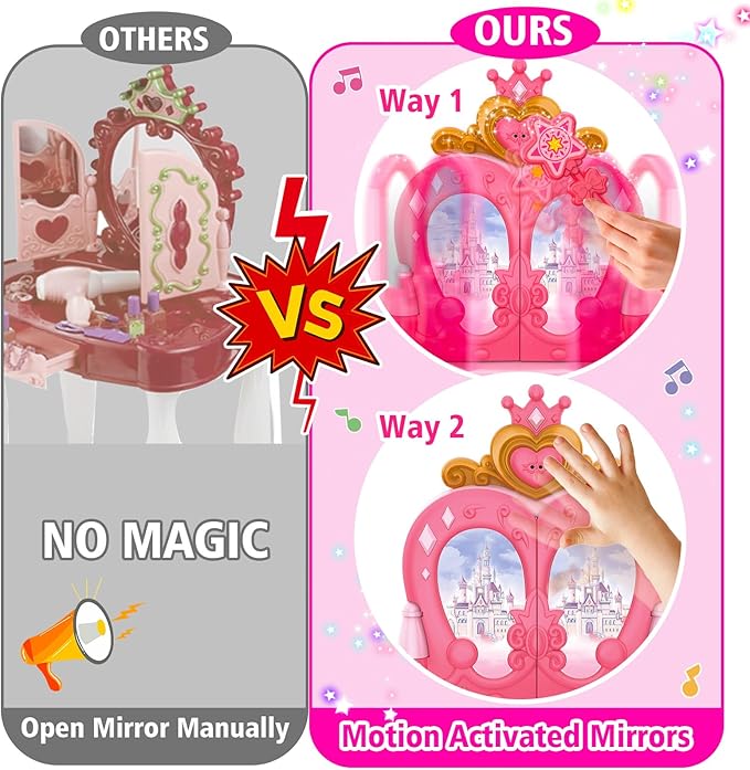 Toddler Vanity Magic Makeup Set Table and Chair Girl Toy Automatically Mirror with Music Light Pink Toys for 2 3 4 5 Year Old Girls Hair Salon Pretend Play Princess Dress Up Playset Gift Toddler 1-3