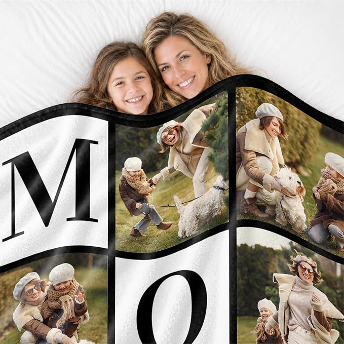 Custom Mom Blanket with 6 Photo & Text, Personalized Birthday Blanket with Picture for Mother, HD Printing Customized Flannel Throw Blanket Gifts for Best Mom Ever