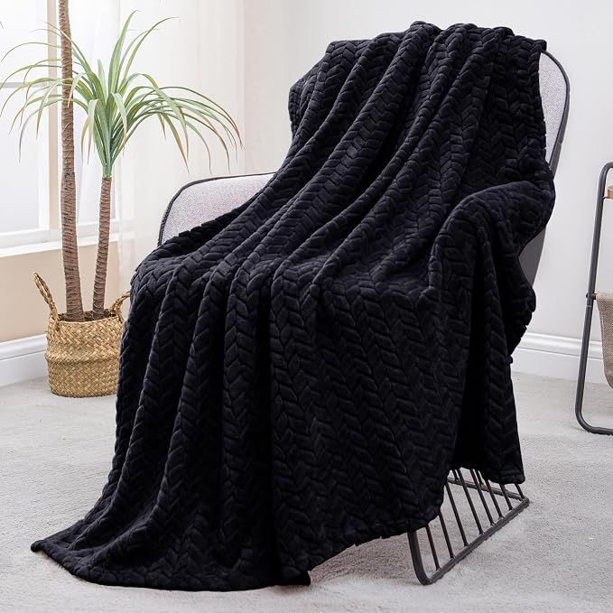Exclusivo Mezcla Fleece Throw Blanket for Couch Sofa, 50”x70”, Black | Oversized Soft Cozy Fluffy Blankets for Summer, Decorative Plush Flannel Throws for Living room, Bedroom with Leaves Pattern