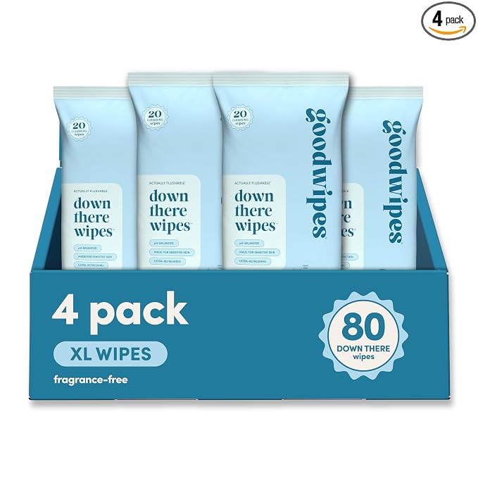 goodwipes Down There Wipes - Unscented Flushable Feminine Wipes for Women, pH Balanced for Sensitive Skin, Septic Safe, Feminine Hygiene, Travel Size - Fragrance-Free, 80 Count (4 Packs of 20)
