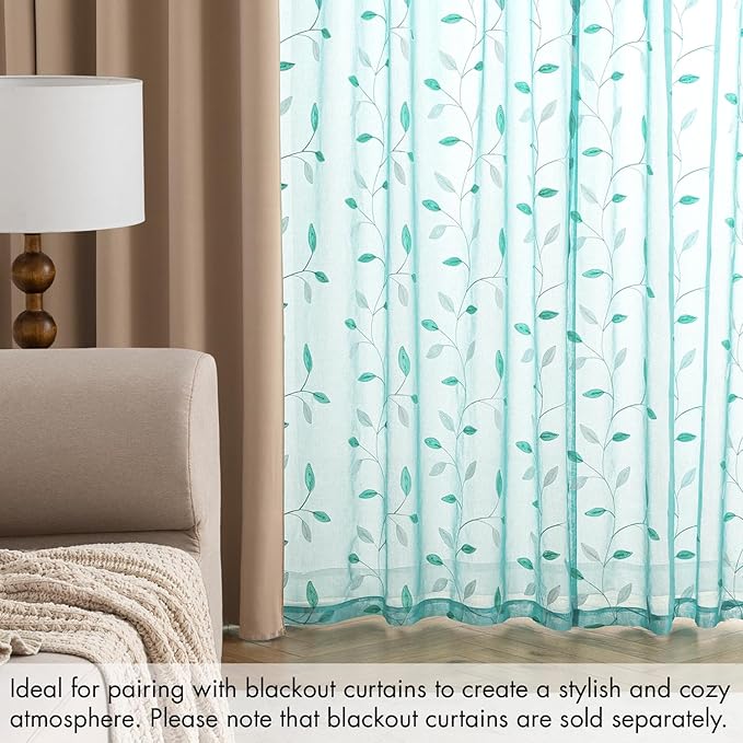 MIULEE Turquoise Sheer Curtains 2 Panels Embroidered Leaf Patterned Rod Pocket Floral Semi Sheer Faux Linen Window Curtains Drapes Set for Living Room Bedroom Dining Room, 52x63 Inches Long