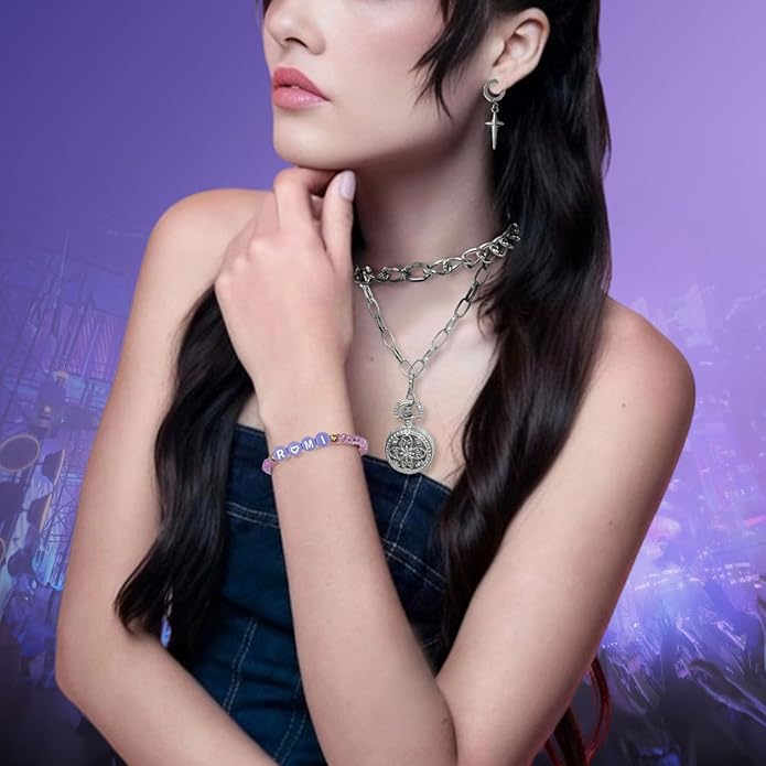 Demon Kpop Rumi Jewelry Set – Chain Necklace, Cross Earrings & Elastic Glass Bead Bracelet with RUMI Letters, Fan Inspired Costume Accessories