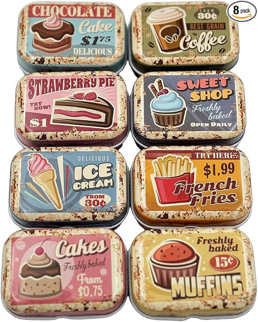 8Pcs Mini Butter Dessert Tin Trinket Jewelry Organizer Storage Box Decorative Boxes Vintage Small Metal Tins with Hinged Lids Portable Containers Small Storage Kit,Christmas Stocking Stuffers (Brown)