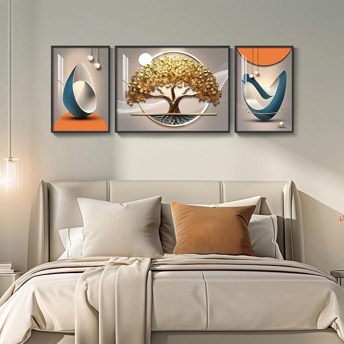 Large Framed Modern Luxury Large Wall Art for Living Room, Set of 3 Bright Style Abstract Paintings Artwork for Walls, Contemporary Big Art Prints Pictures for Hallway Bedroom Dining Room Office Wall Decor