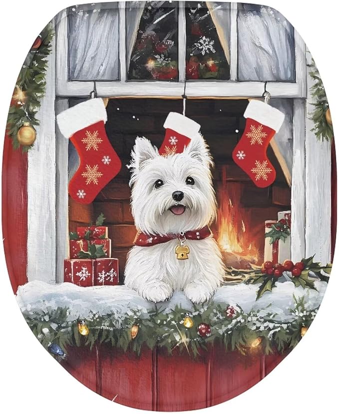Christmas Toilet Seat Cover-Yorkshire Terrier Bathroom Decoration Accessories -Elastic Edges Toilet Lid Cover forRv,Machine Washable Bathroom Decor Xmas