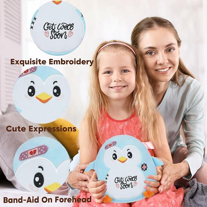 Get Well Penguin Stuffed Animal - Get Well Soon Gifts Penguin Plush Heartwarming Design for Rehabilitation Kids' Gift 8 Inch Blue