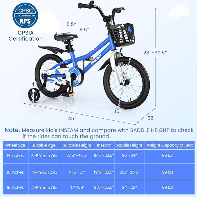 BABY JOY Kids Bike, 12 14 16 18 20 Inch Children Bikes for Boys Girls Teens 3-8 8+ Years w/Training Wheels or Kickstand, Handbrake, Coaster Brake & Removable Basket, Kids Bicycle of Multiple Colors