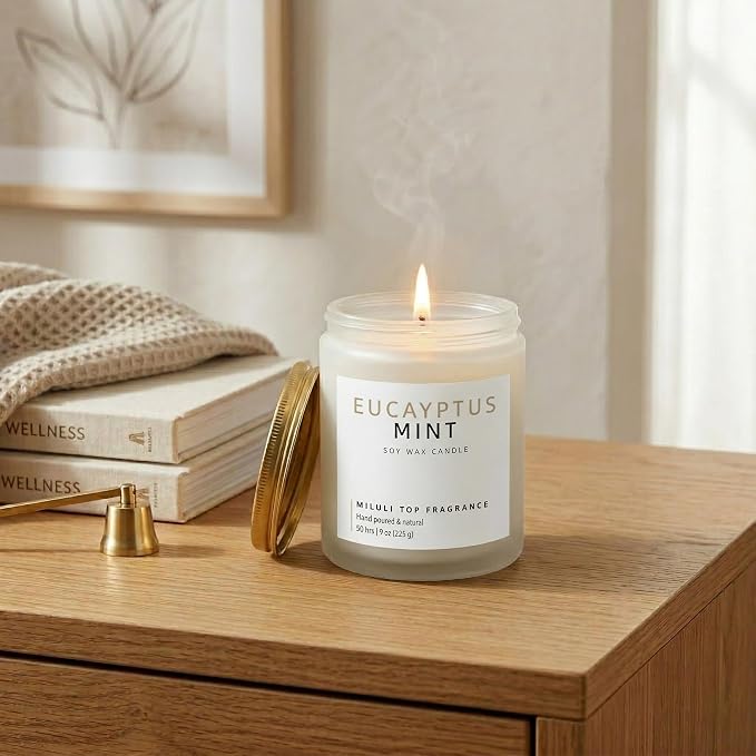 Eucalyptus Mint Scented Candles for Home - 15% Essential Oil Luxury Aromatherapy - Handmade Natural Soy Wax Candle for Women Men Relaxation - 9oz Frosted White Jar,50H Clean & Non-Toxic Burn