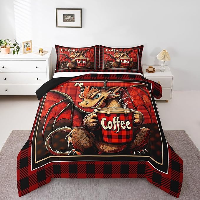 Feelyou Dragon Comforter Set Queen Size Dragon Stuff Comforter for Boys Girls Teens Coffee Bedding Set Dragon Decor Duvet Set Room Decor Red Brown Quilt Set