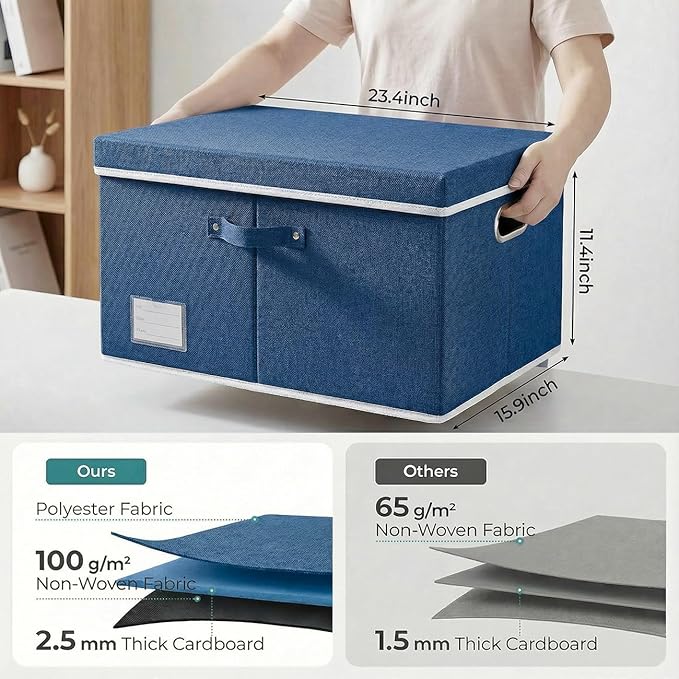 Storage Bins with Lids [3-Pack] Linen Fabric Foldable Storage Boxes Organizer Containers Baskets Cube with Cover for Bedroom Closet Office Royal Blue(23.4X15.9X11.4)