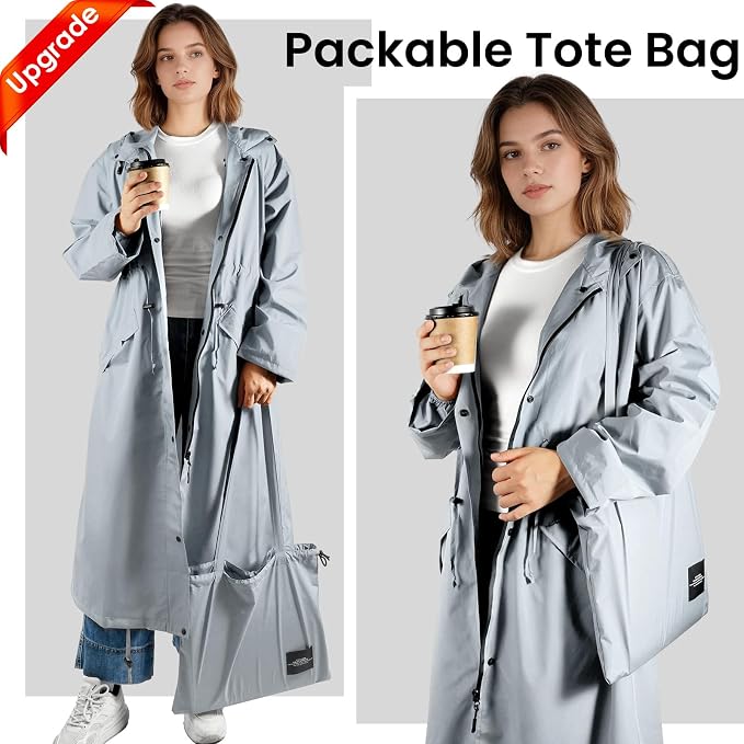 LAMA Womens Long Raincoats Rain Jacket Waterproof Packable Hooded Windbreaker Lightweight Adjustable Waist for Outdoor