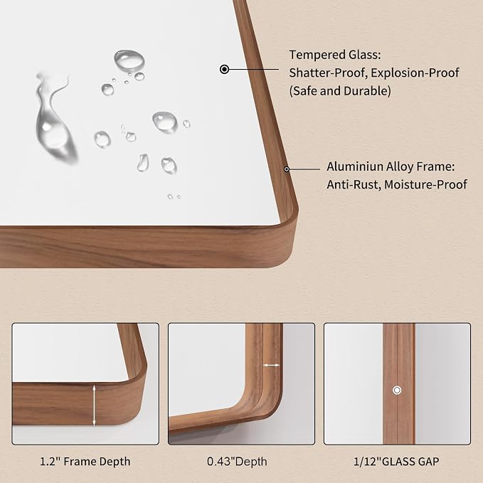 LOAAO 60X28 Inch Bathroom Mirror with Wood Grain Colored Metal Frame | Rounded Rectangle Metal Framed, Anti-Rust, Hangs Horizontally or Vertically, Tempered Glass