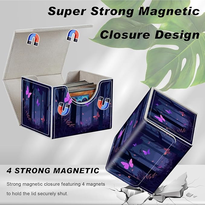 DEGDFSGR for TCG MTG Card Game Storage Box Organizer Trading Card Case Commander Deck Box Magnetic Closure Creative Pattern Up to 200 Cards, Violet Butterflies