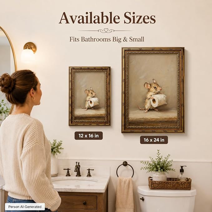 Funny Bathroom Wall Art, Vintage Gold Framed Mouse With Toilet Paper, 12x16 | Funny mouse canvas print, cute animal bathroom decor, rustic farmhouse style, wall art for restroom, washroom, or powder room