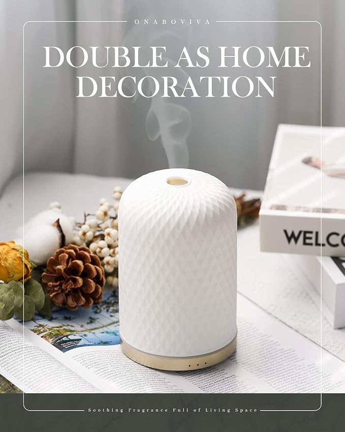 Onaboviva Essential Oil Diffuser - 2.4 MHz Ultrasonic Cold Mist Aromatherapy Diffuser with 3 Timers, Auto Shut-Off, Ceramic Night Light Diffuser for Home, Bedroom, Office